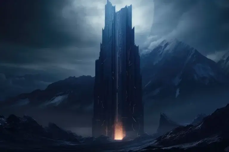 Dark tower in the mountains in moon lights