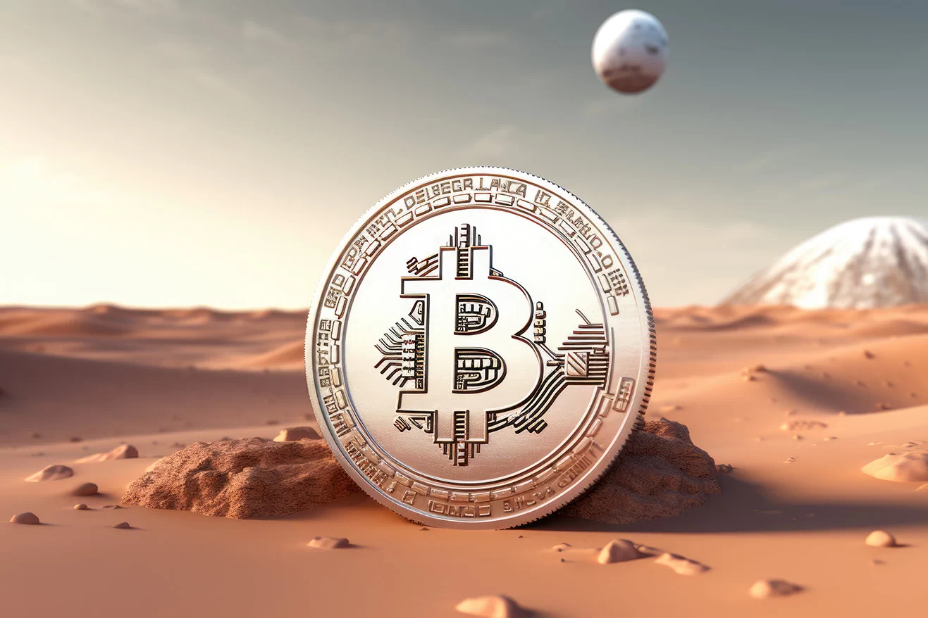 Silver bitcoin logo in desert sands