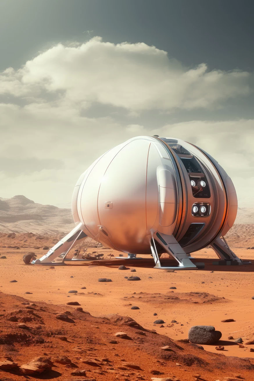 Metallic white futuristic capsule on some planet