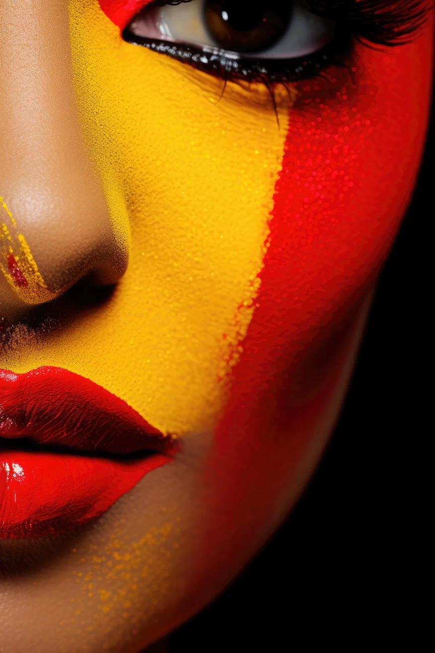 Woman face painted with yellow and red