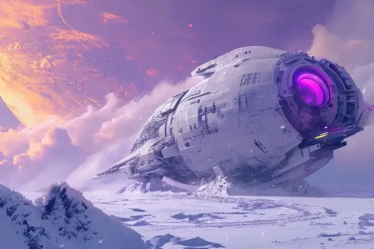 White spaceship landing on the snow