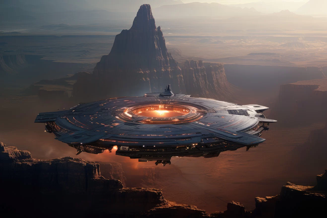 Black futuristic spaceship flying over canyon