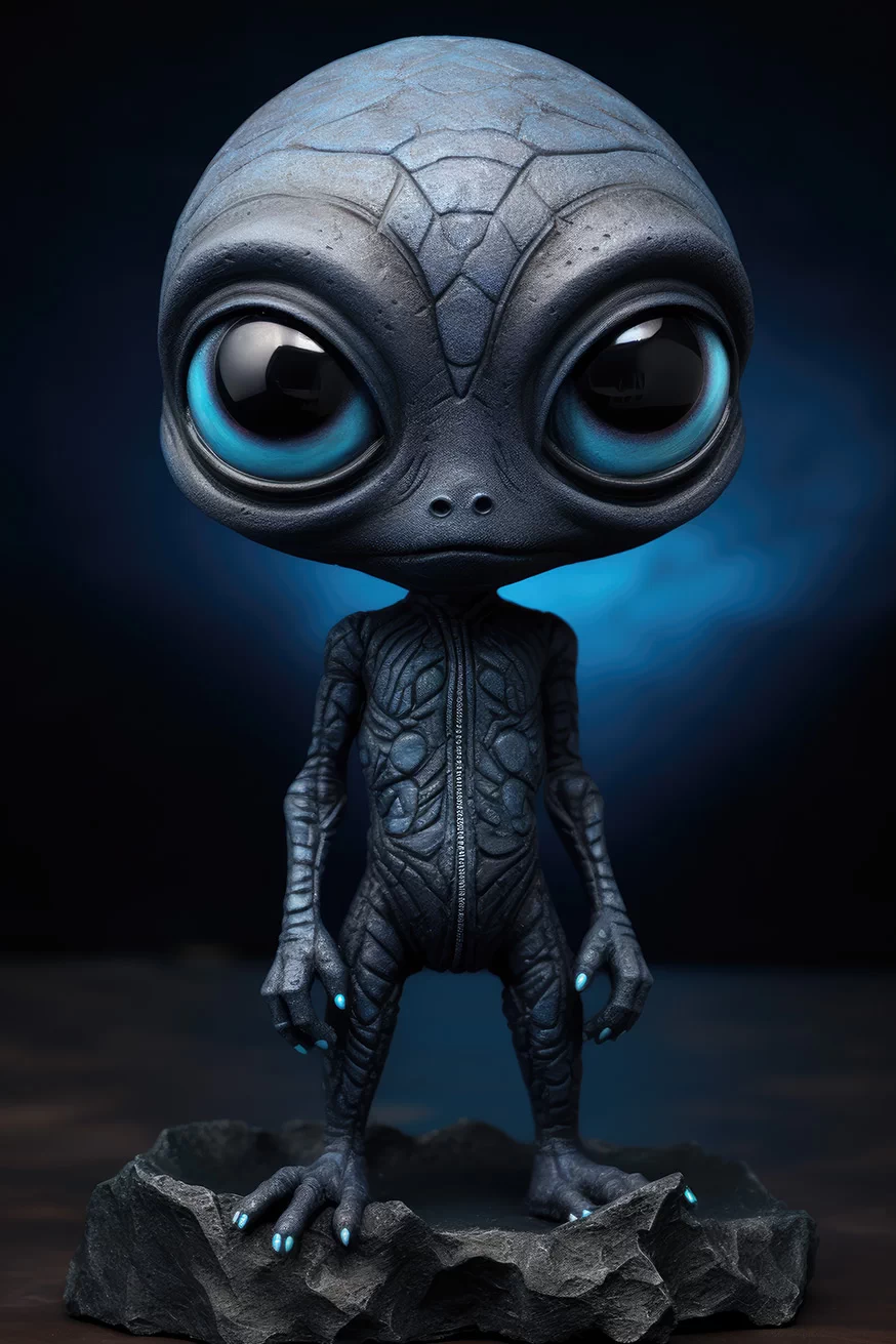 Small dark alien with big eyes and head