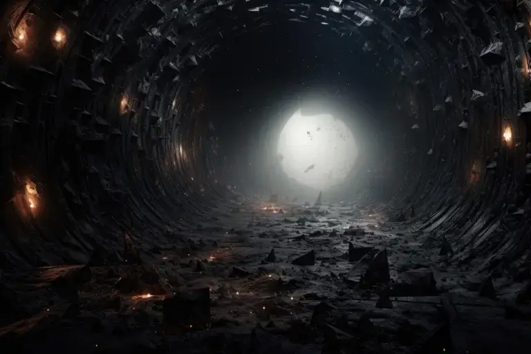 Weird tunnel with black stones and fire