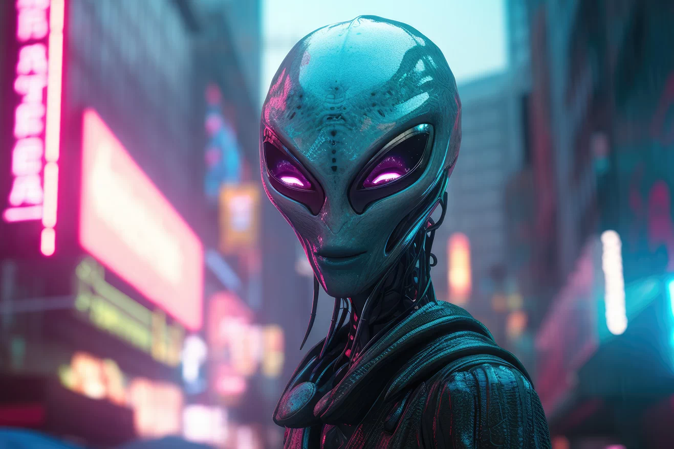 Alien with glossy skin and purple eyes in neon city lights