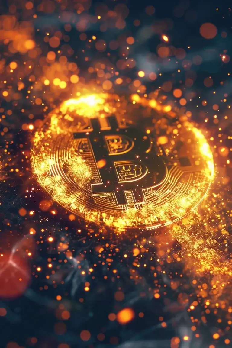 Bitcoin logo in fire particles