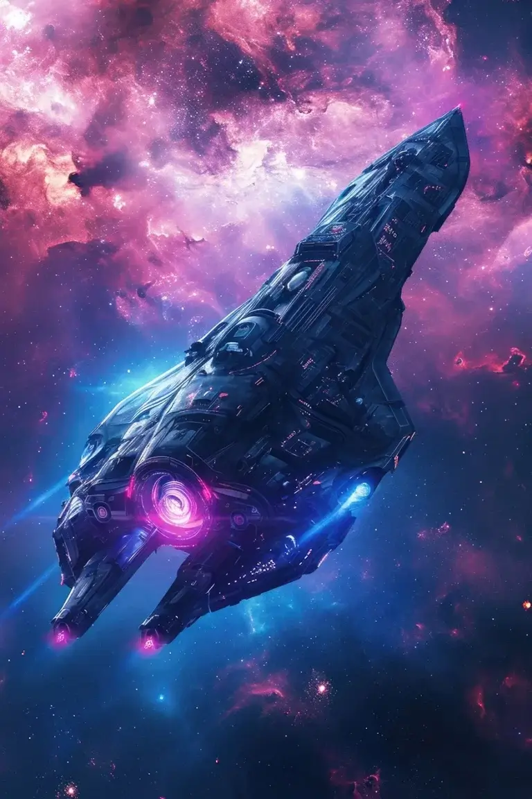 Futuristic black spaceship on purple galaxy space background