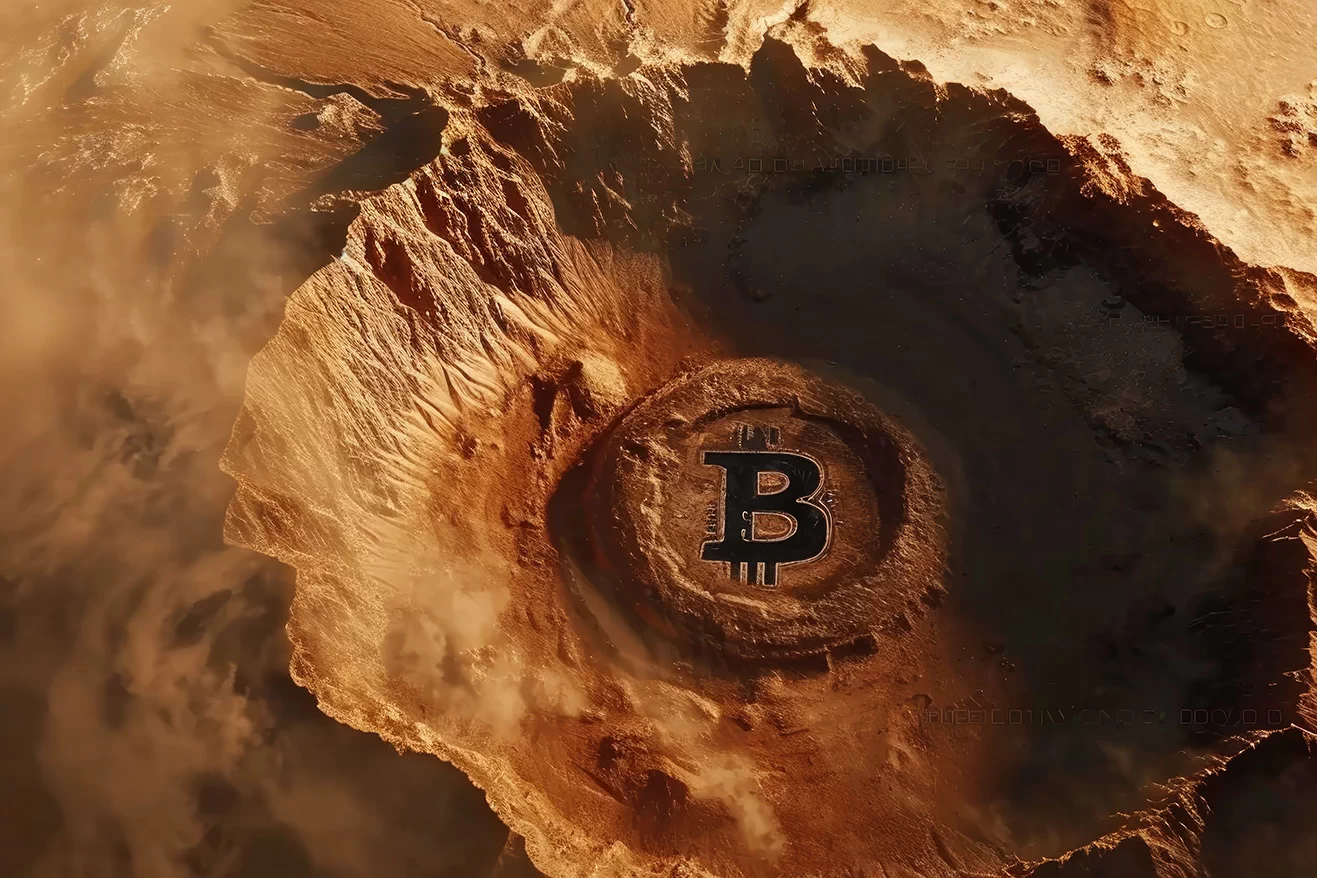 Bitcoin logo found in the crater on some planet