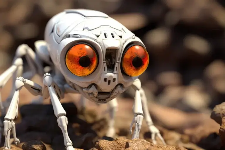 Weird white robotic bug with big orange eyes