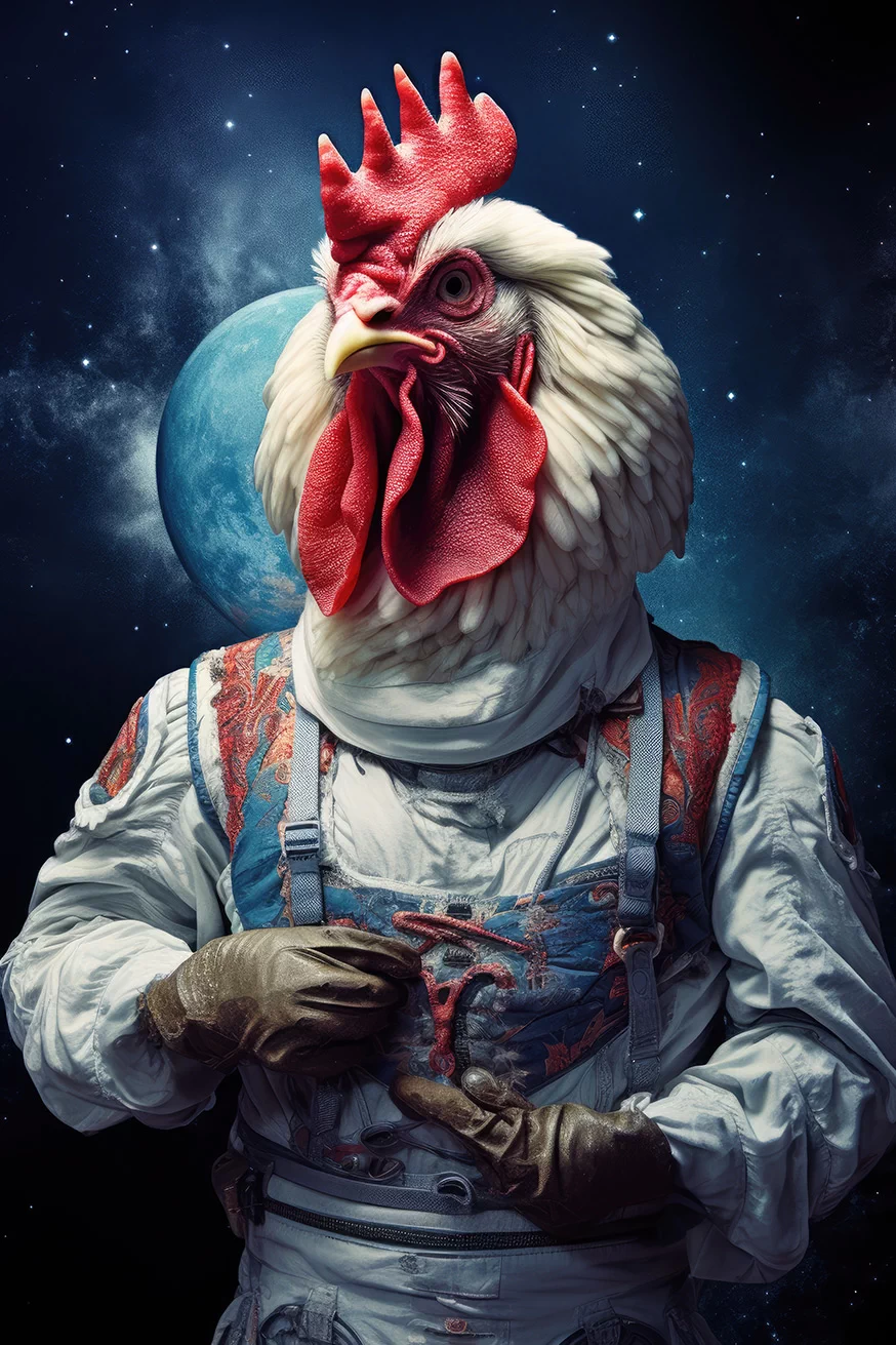 Humanoid chicken on dark space background