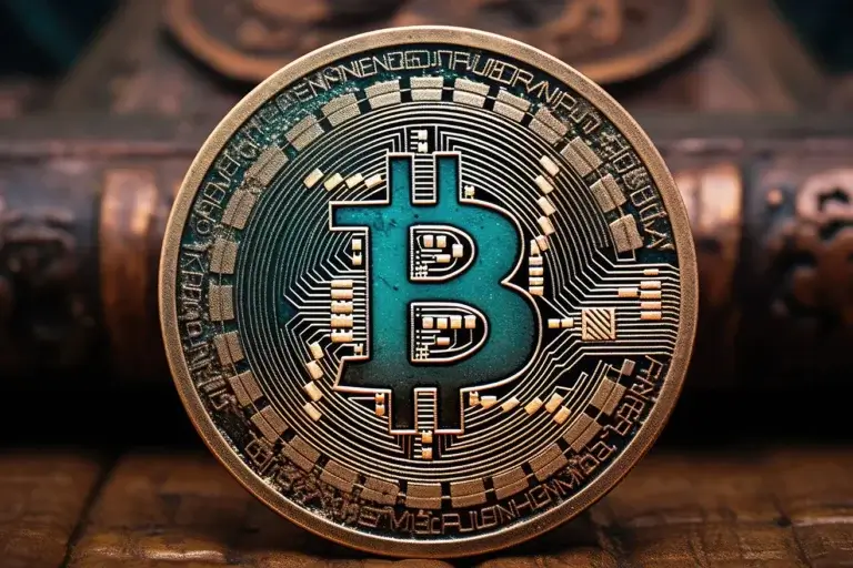 Copper bitcoin logo with patina on it