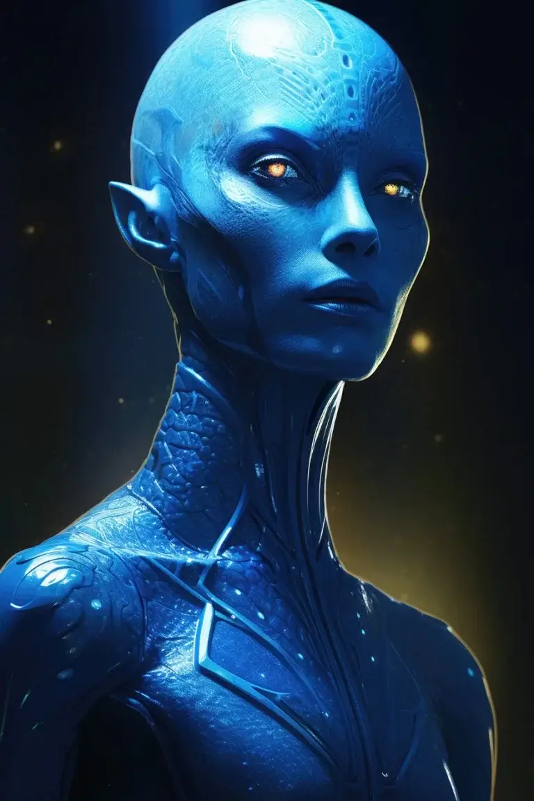 Woman elf with blue skin and blue suit