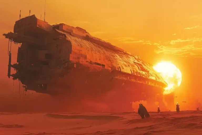 Big spaceship in sand fog at sunset