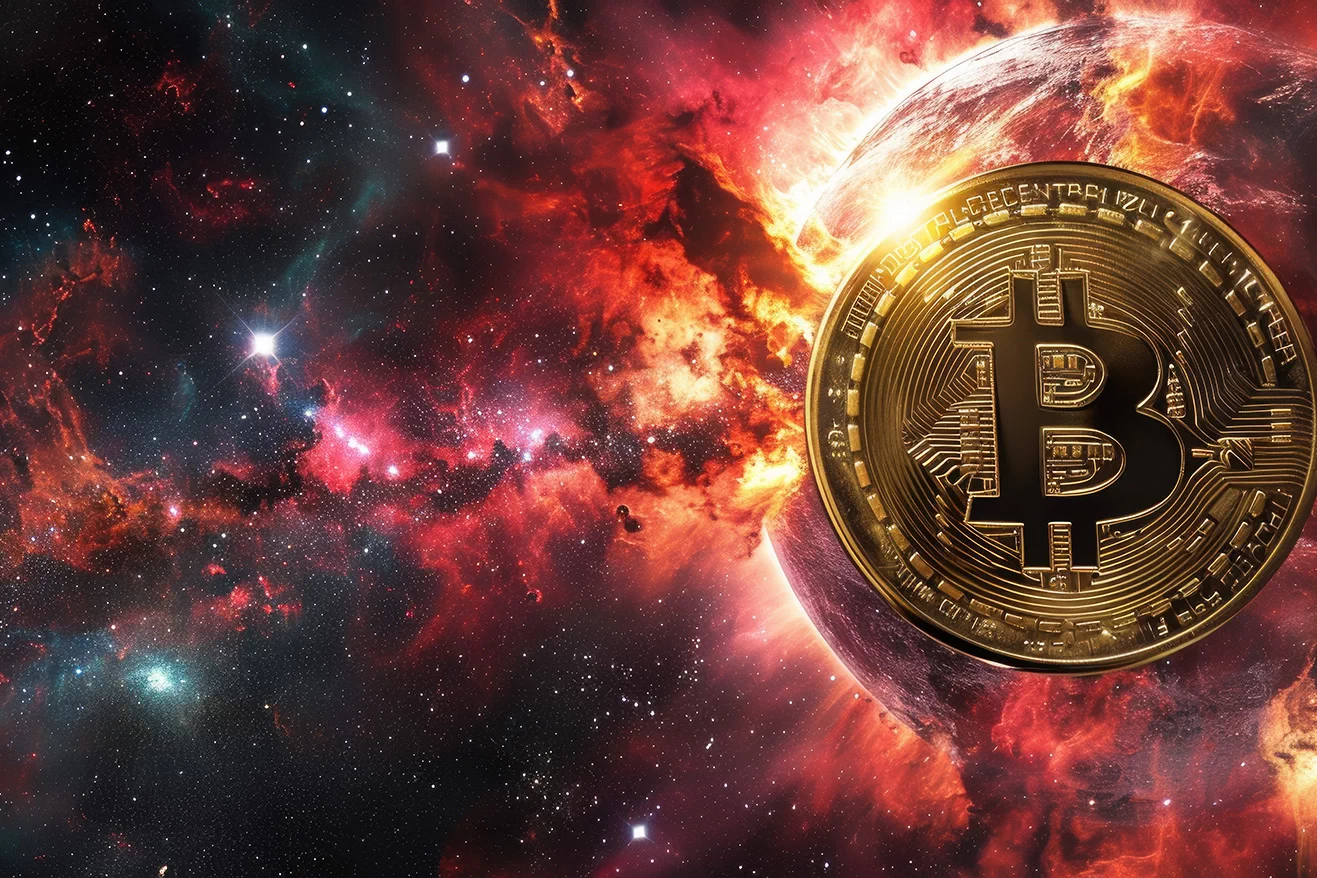 Golden bitcoin logo on the red galaxy space background