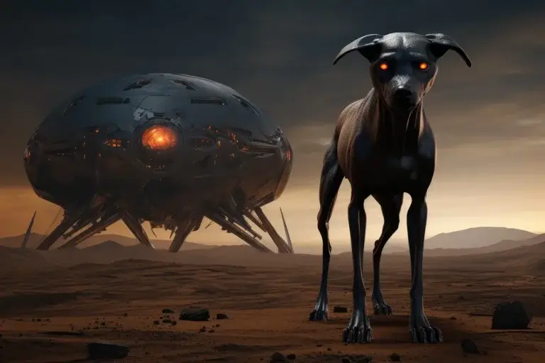 Monster black dog near strange black alien capsule