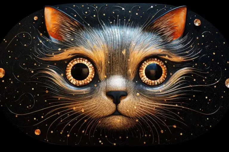 Cat head with golden eyes on black galaxy background