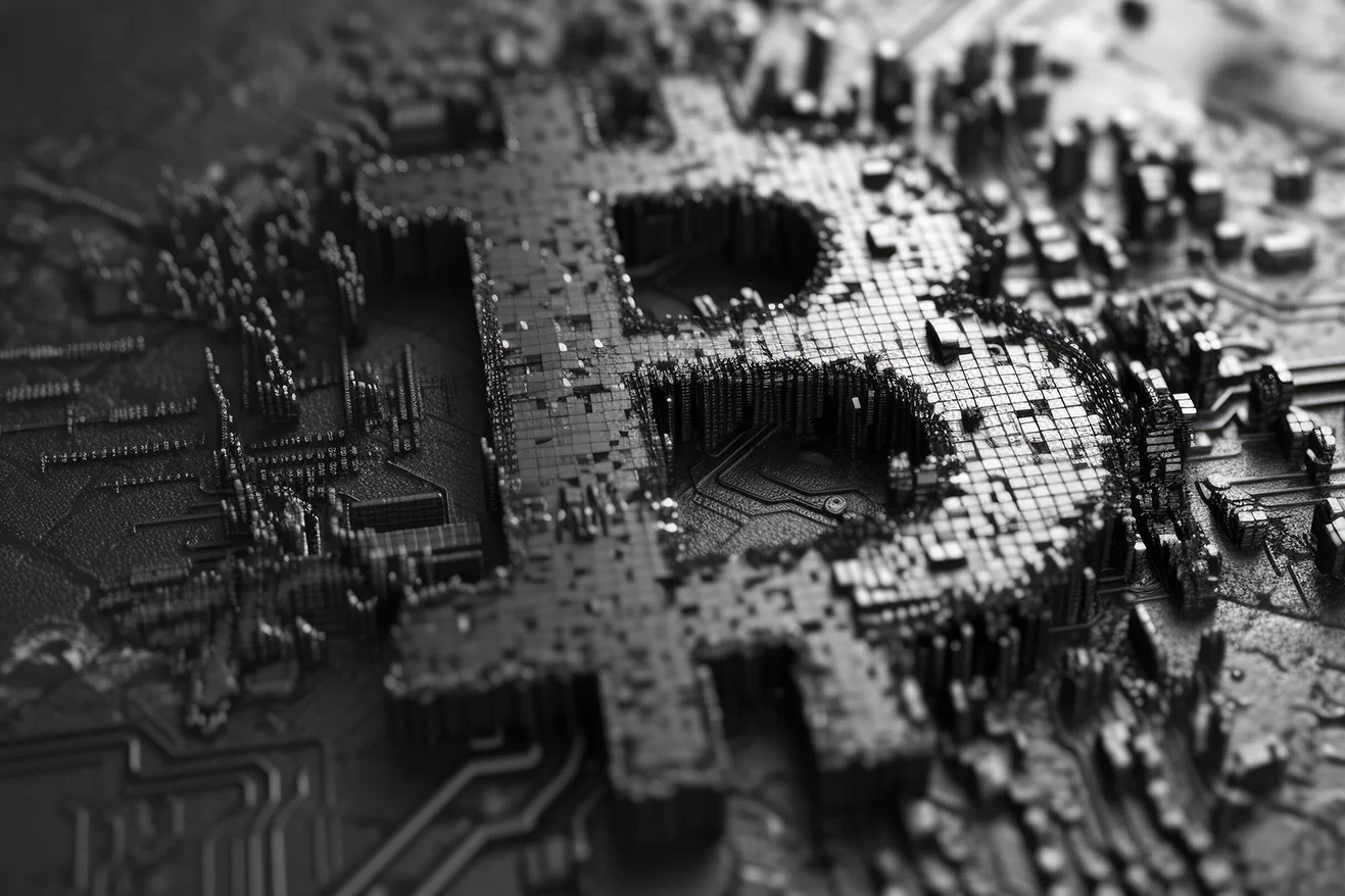 Bitcoin logo made of gray micro schemes and cubes