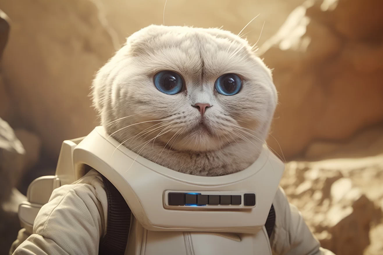 Scottish fold white cat in astronaut suit