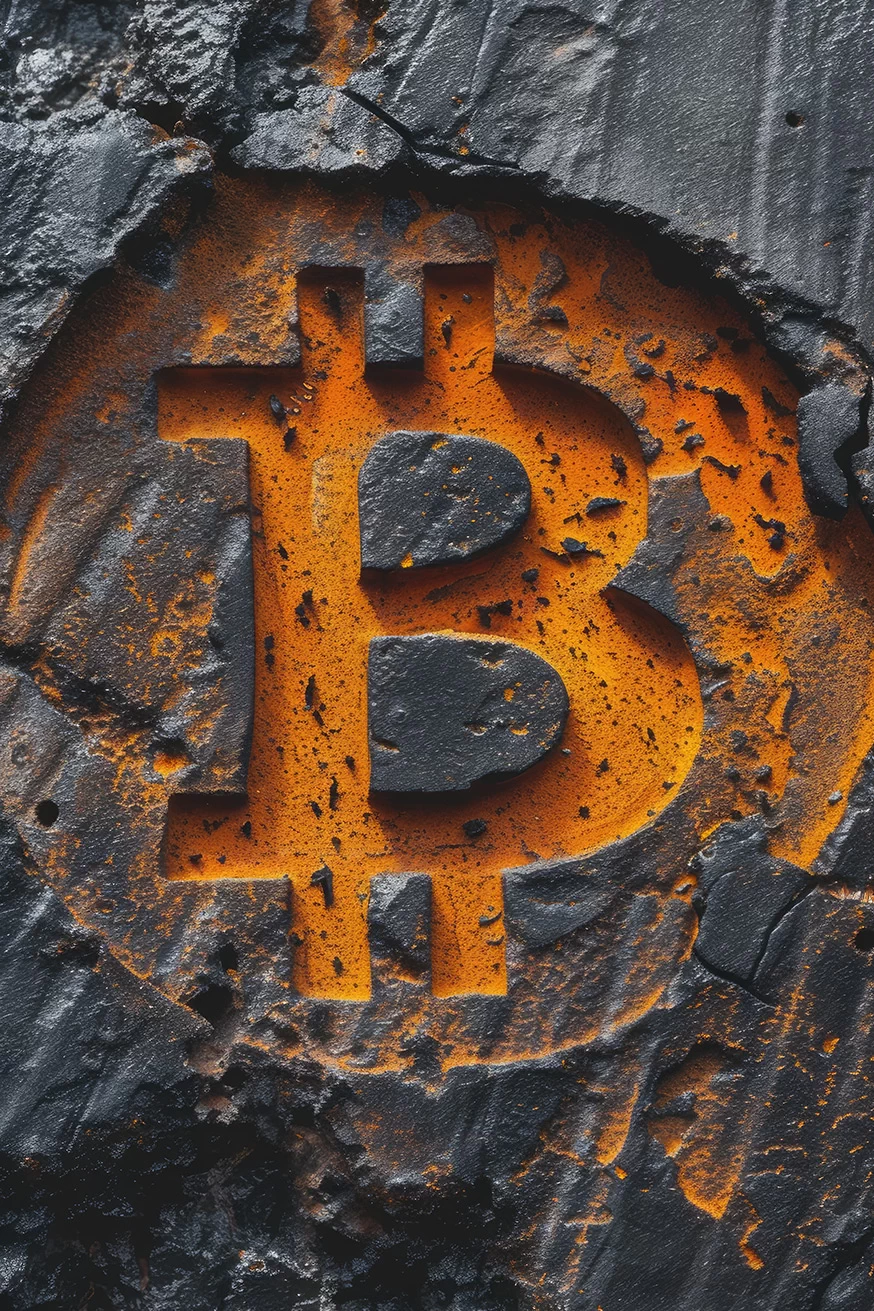 Orange bitcoin logo carved in dark stones