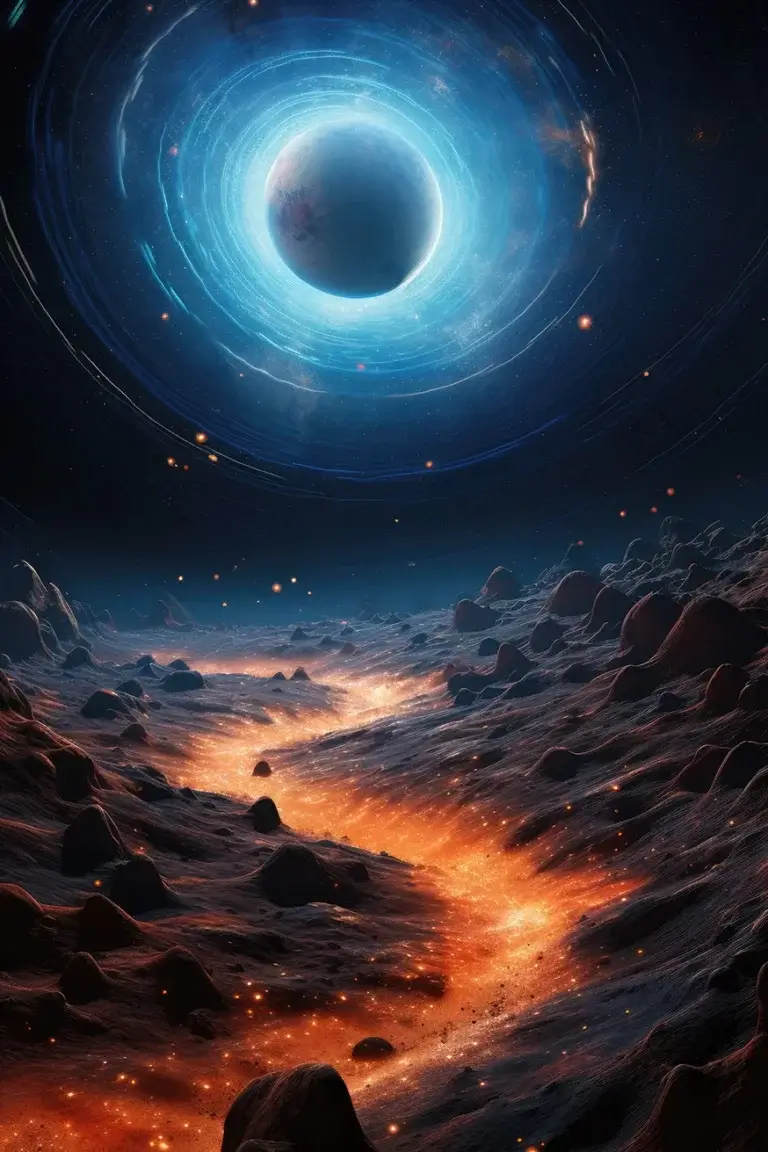 Planet landscape with fire river and moon in light rings