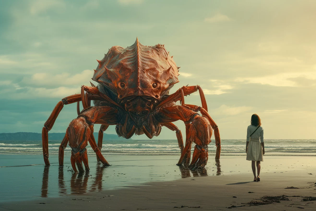 Woman standing on the beach near huge monster crab