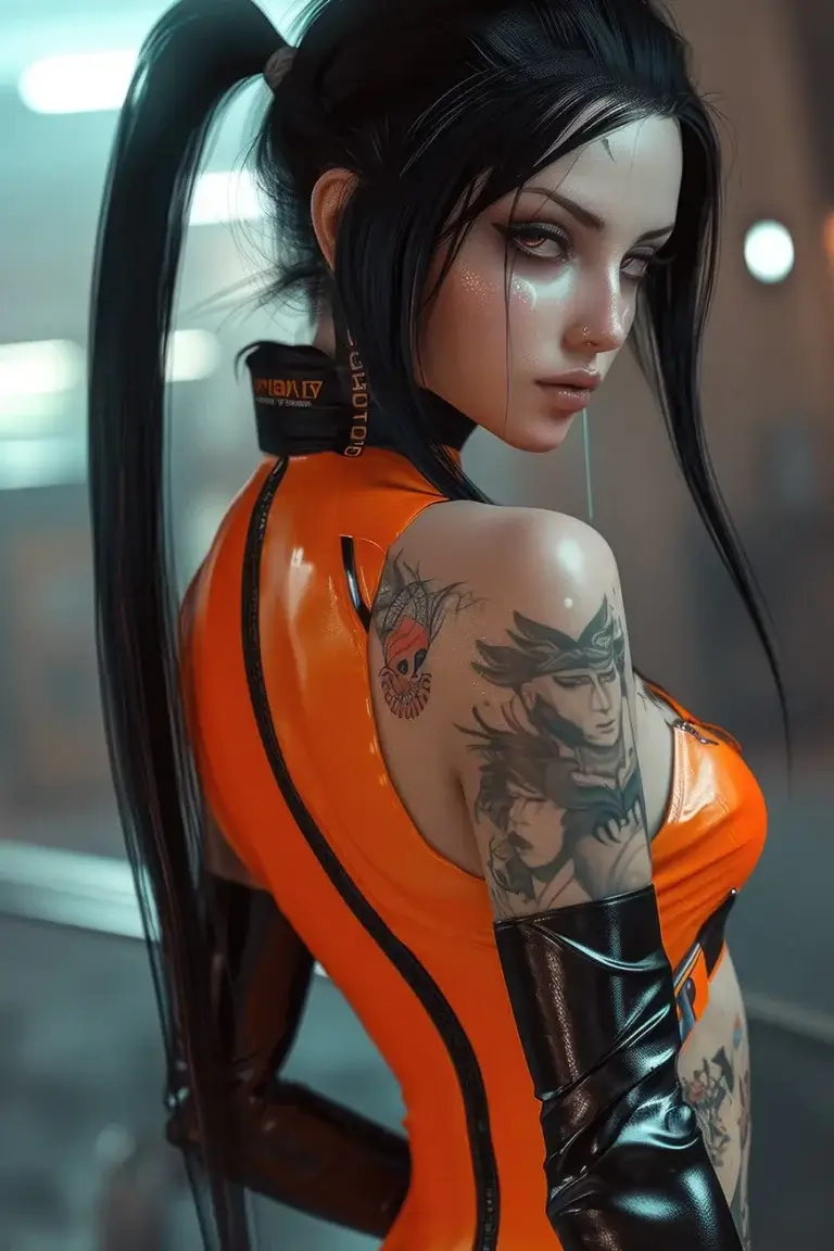 Cute black haired girl in orange latex dress and tattoos