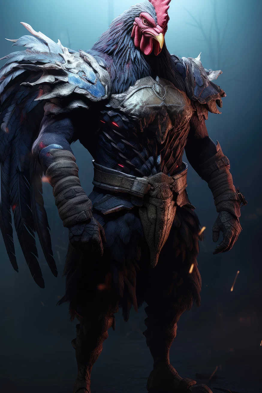 Humanoid chicken warrior in Vikings suit