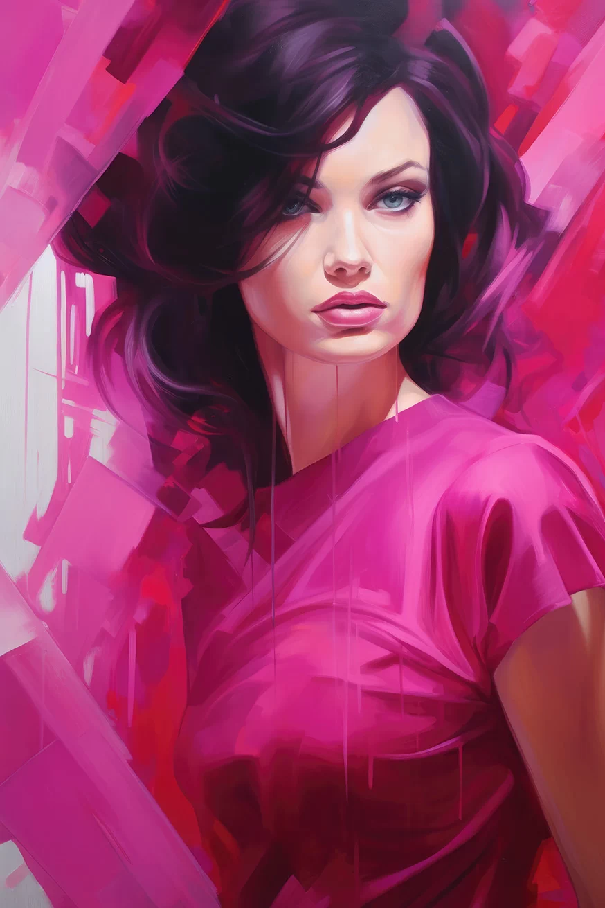 Woman painting in pink and red tones