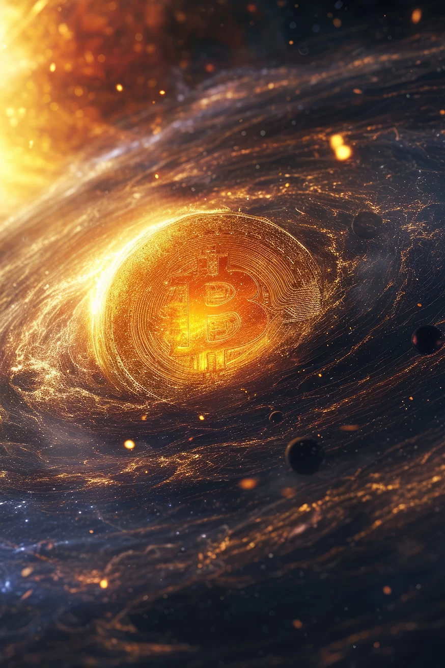 Massive bitcoin logo as a star in the center of dark galaxy