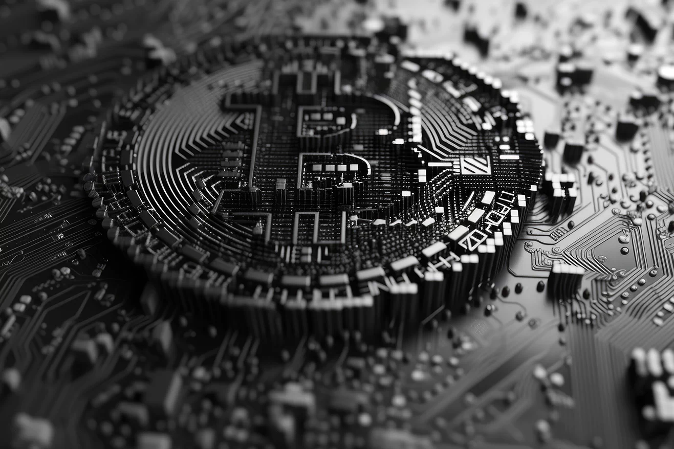 Dark bitcoin logo as a processor chip on motherboard