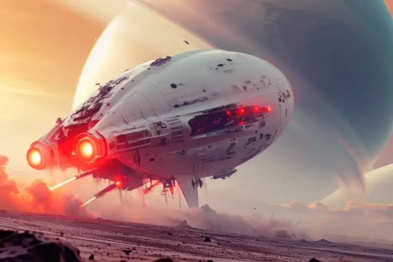 White spaceship with red lights flying near huge rising planet