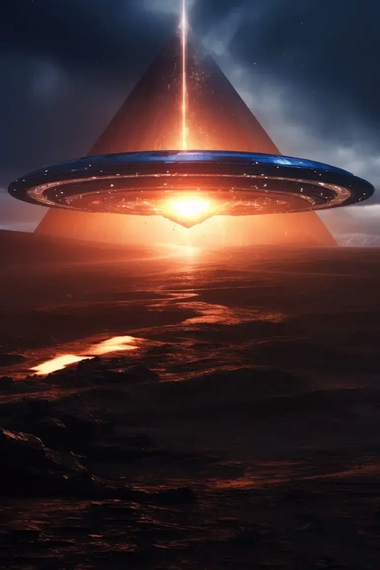 UFO disk fire orange lights flying opposite pyramid