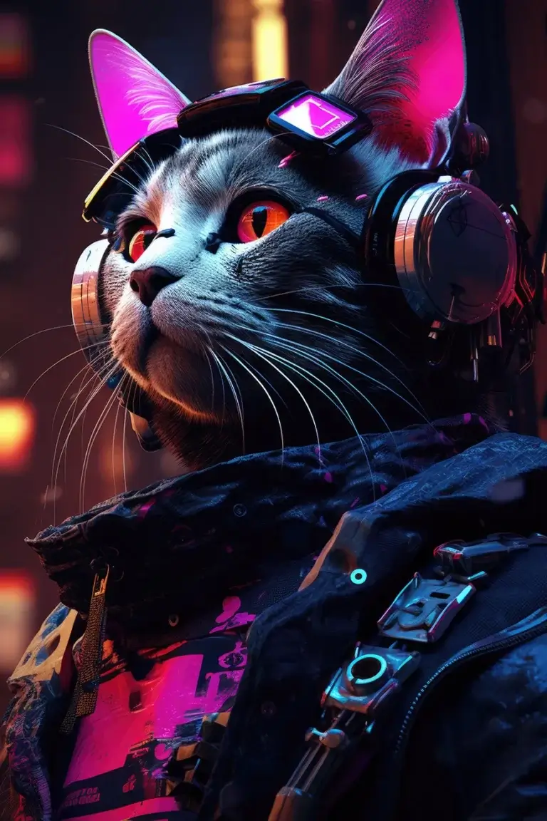 Humanoid cat in headphones and black suit