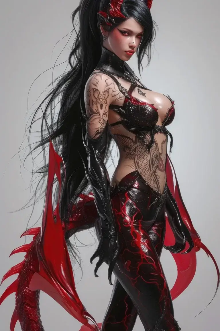 Fantasy dragon girl with black hair and tattoos