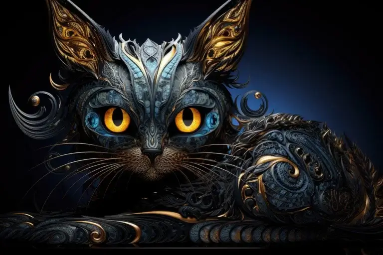 Mystical ornate armored cat with golden eyes