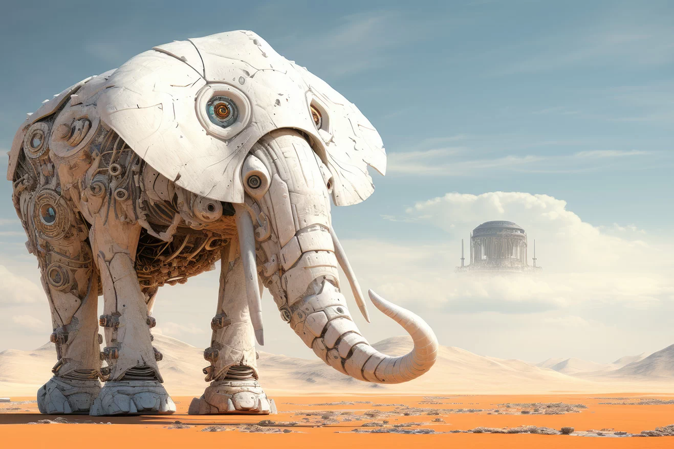 White robotic elephant on some planet