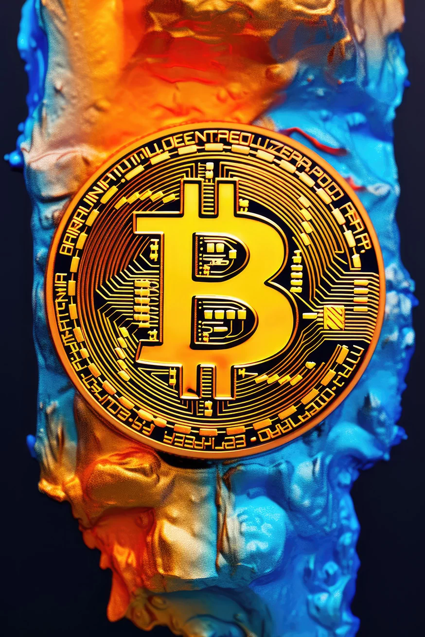 Golden bitcoin on colorful paint background