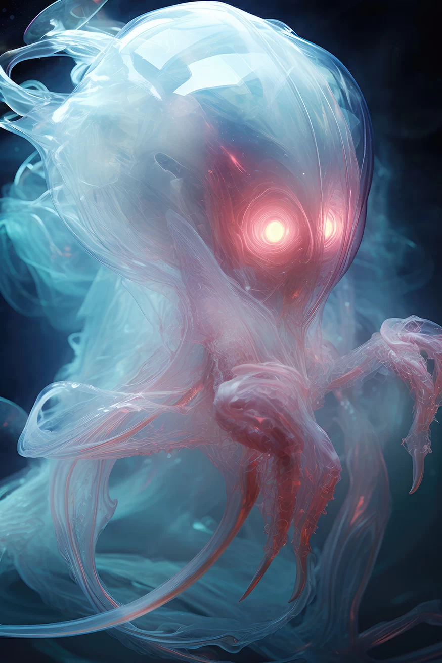 Weird transparent jellyfish creature with glowing eyes