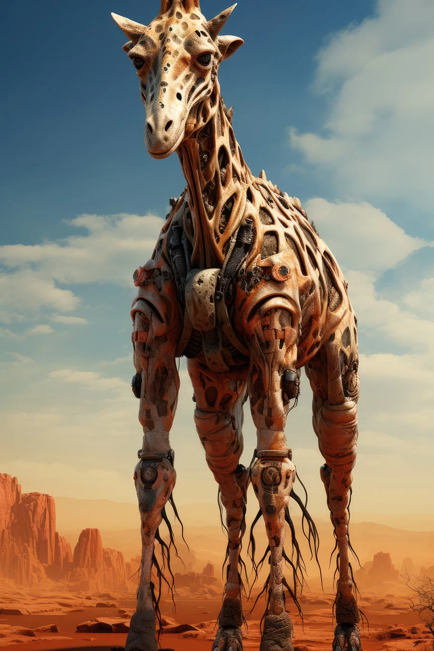 Monster robotic giraffe in desert