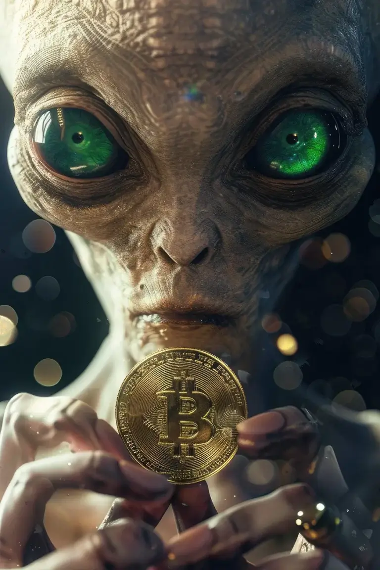 Alien with green eyes holds bitcoin