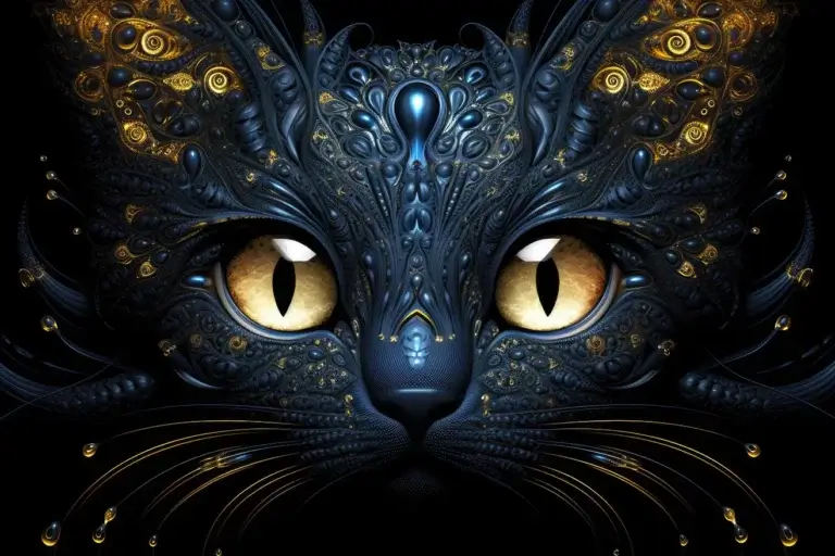 Cat with dark blue ornamental skin with big eyes