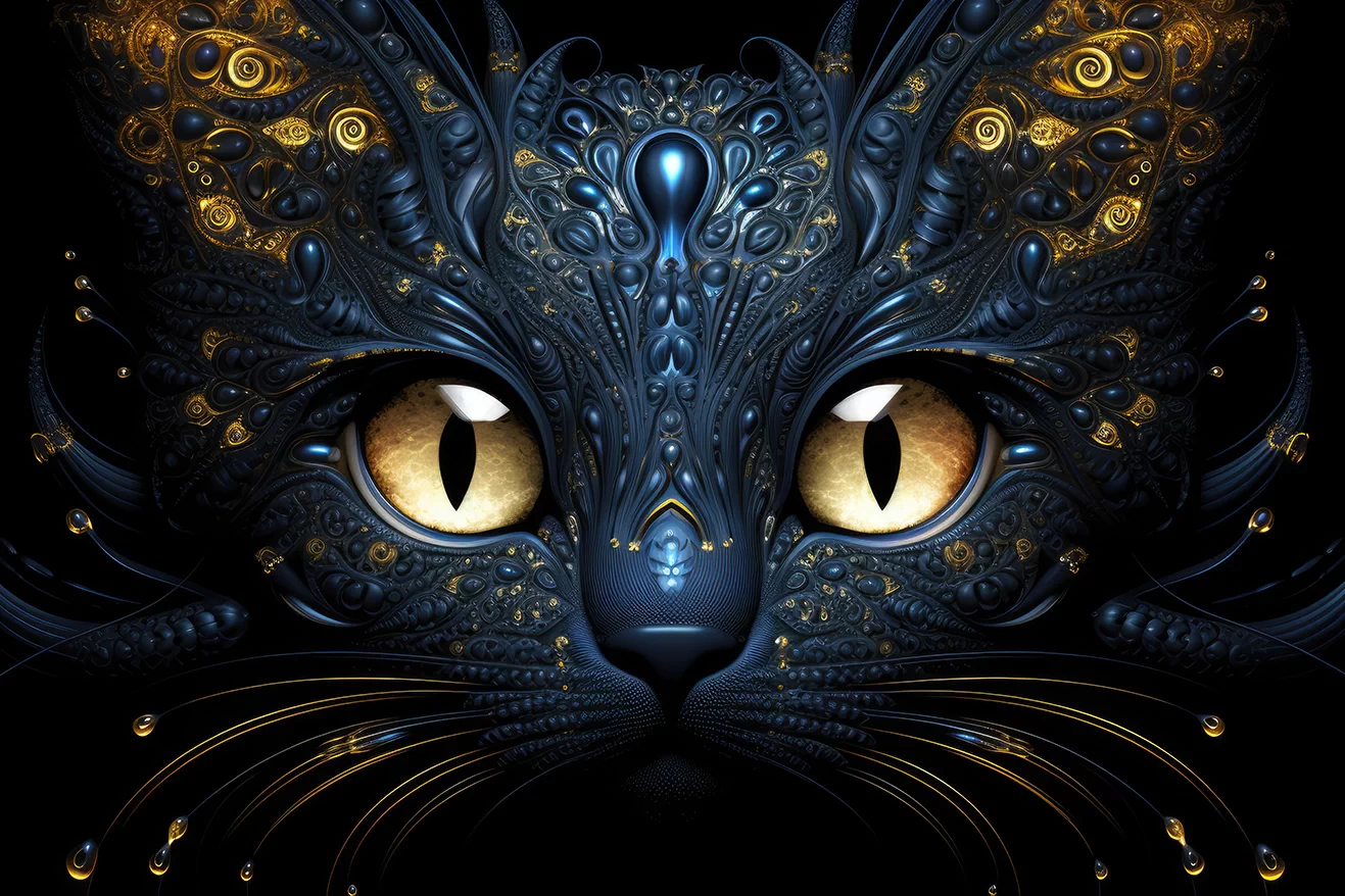 Cat with dark blue ornamental skin with big eyes