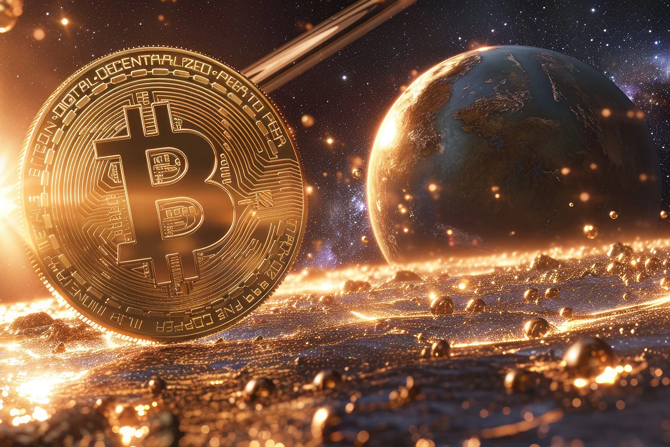 Golden bitcoin logo on golden surface with planet on background