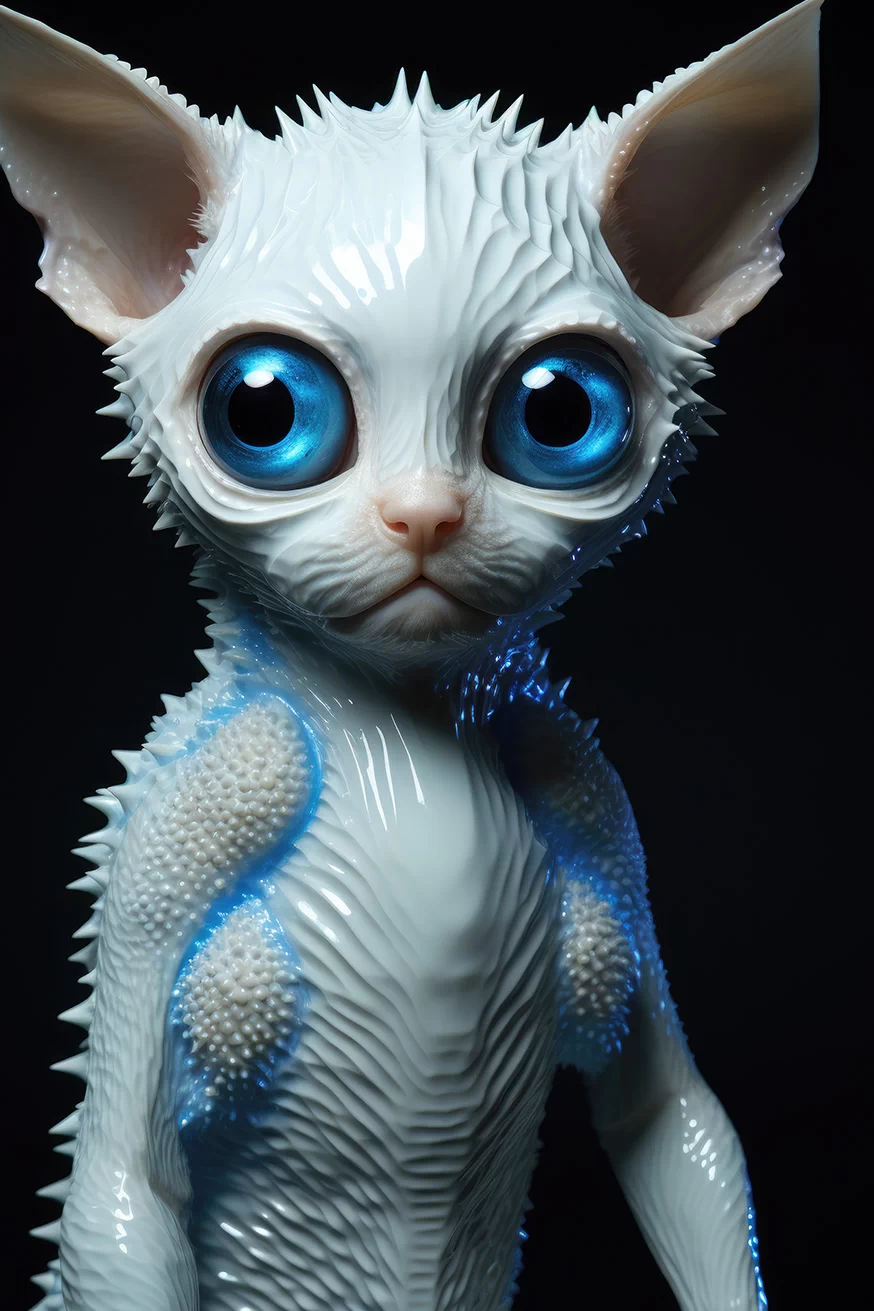 Weird alien humanoid cat with blue eyes