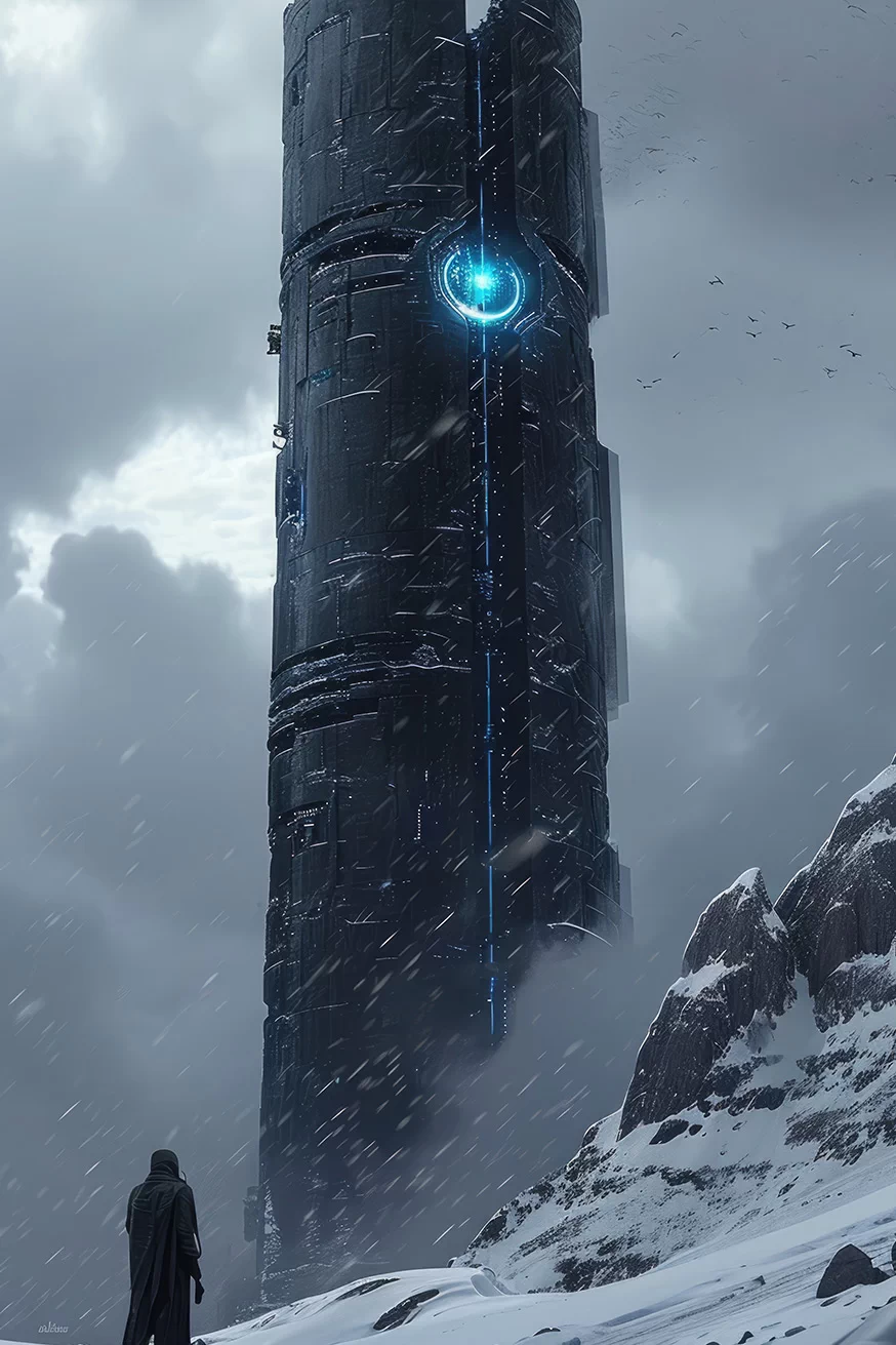 Big dark tower with blue light in the snow