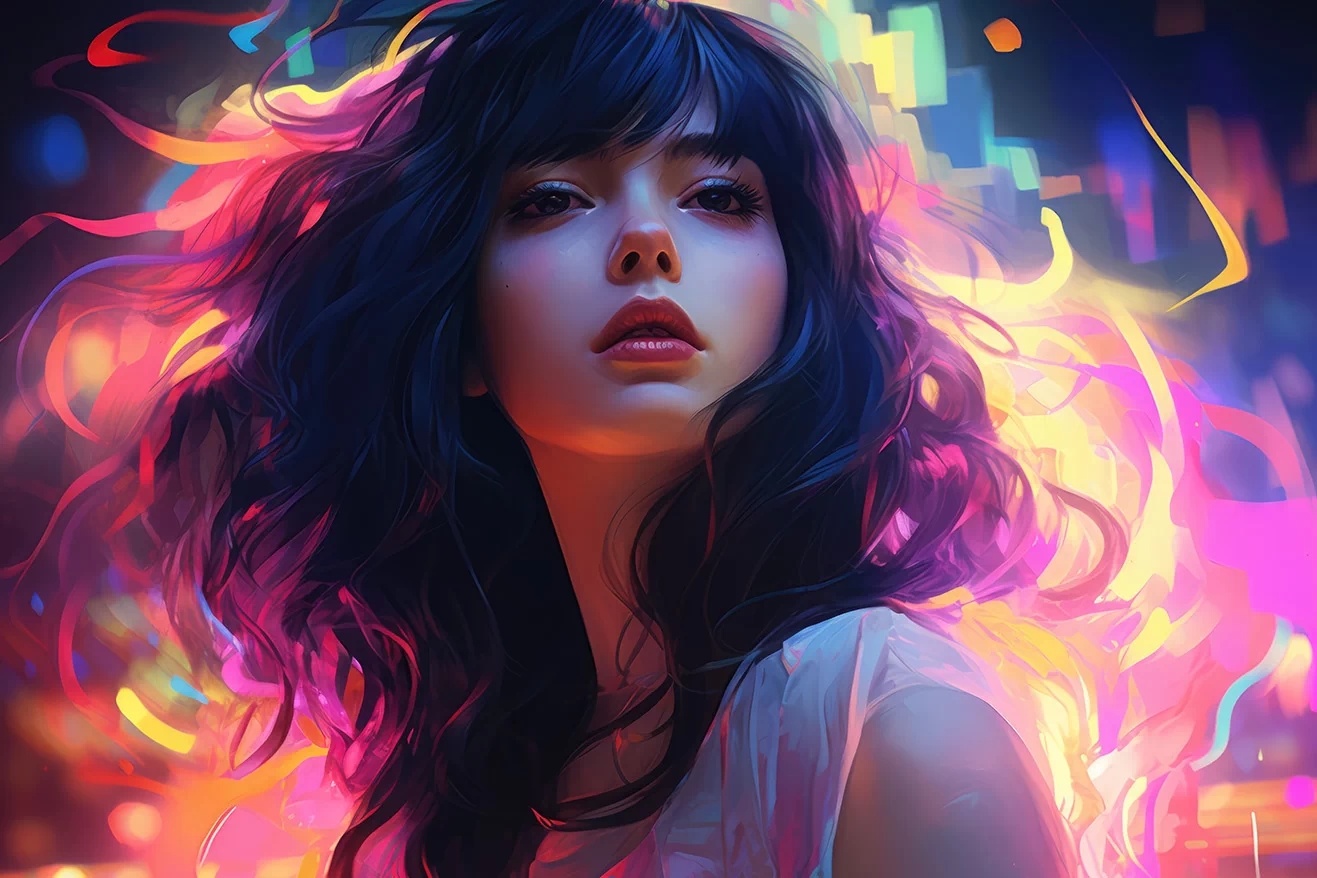 Girl with dark hair painting on glowing background