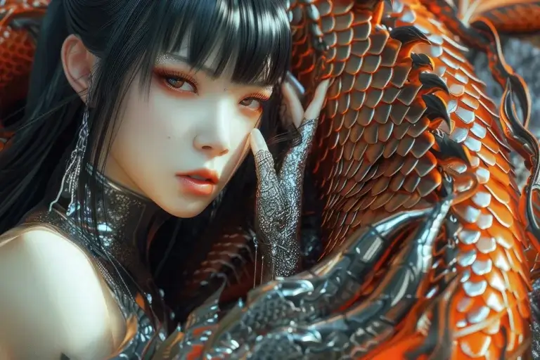 Girl with dark hair near orange dragon skin