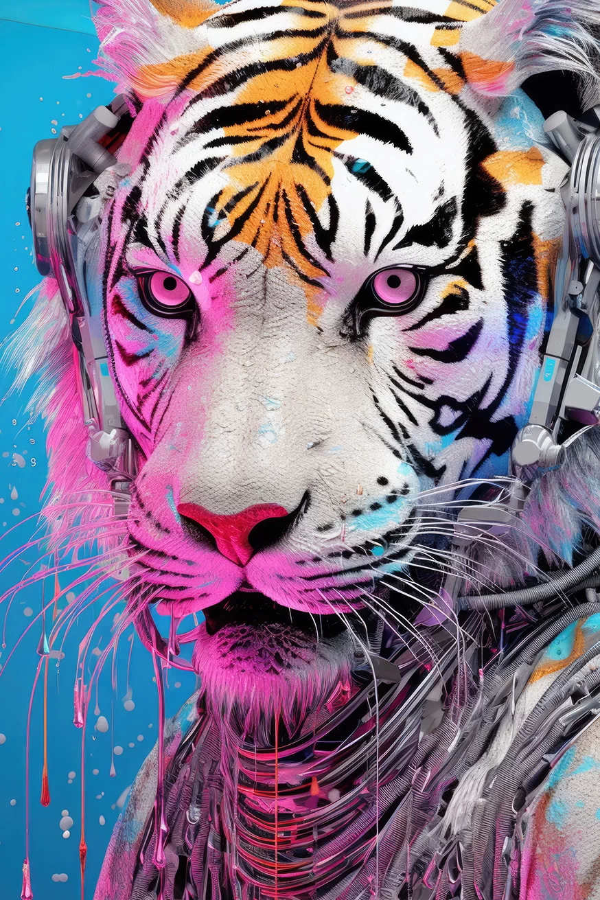 Humanoid white tiger in headphones