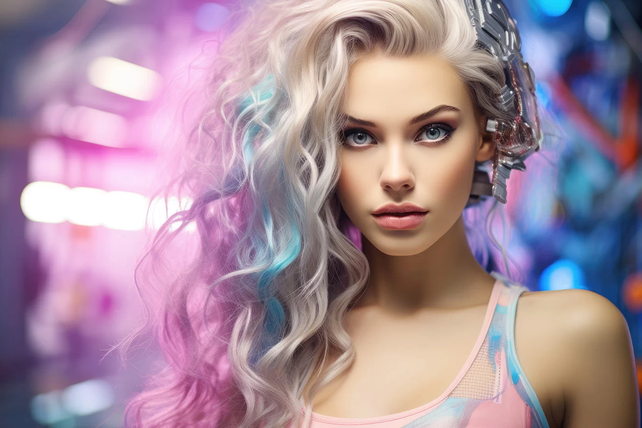 Girl with pastel colorful hair on pink background