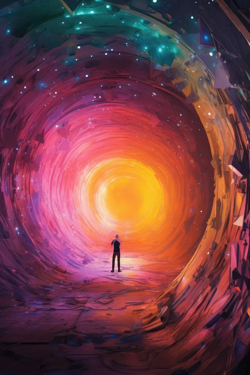 Human standing in colorful warm tunnel